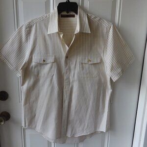 Perry Ellis button up men's short sleeve shirt, cream and tan, L, 100% cotton
